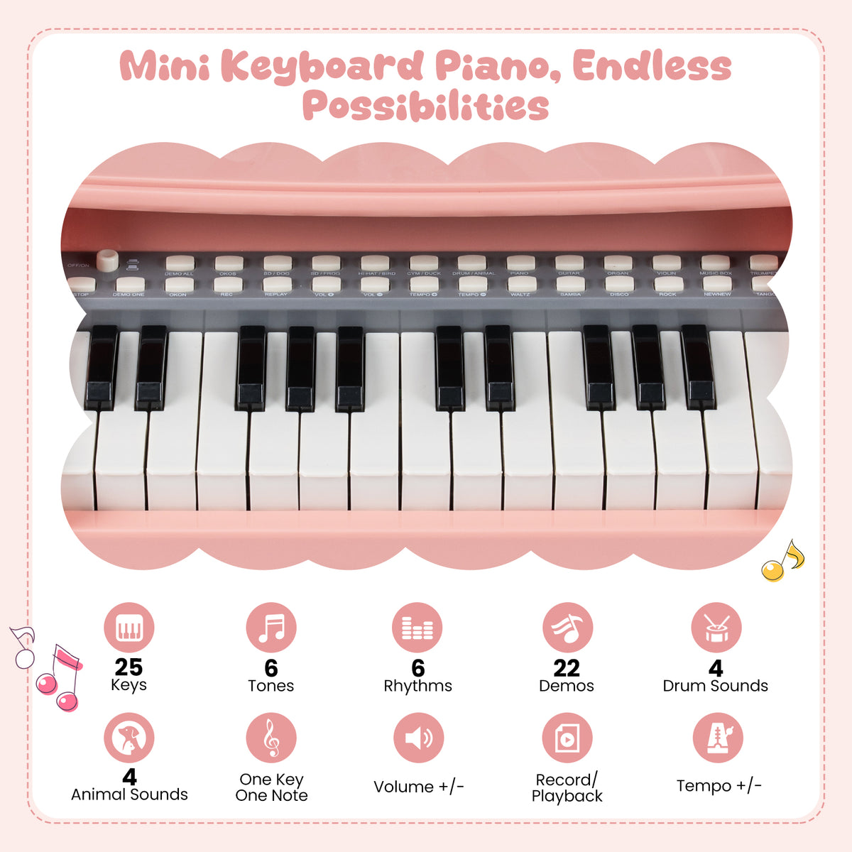 Close-up of the keys and features of the mini keyboard piano