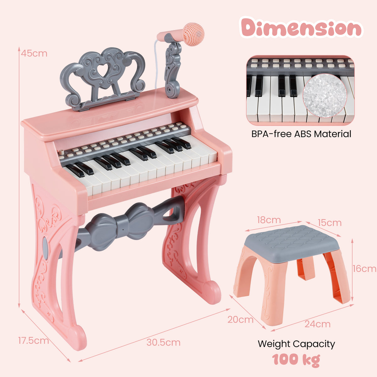 Dimension diagram of the pink keyboard piano and stool