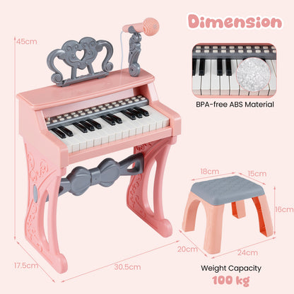 Dimension diagram of the pink keyboard piano and stool