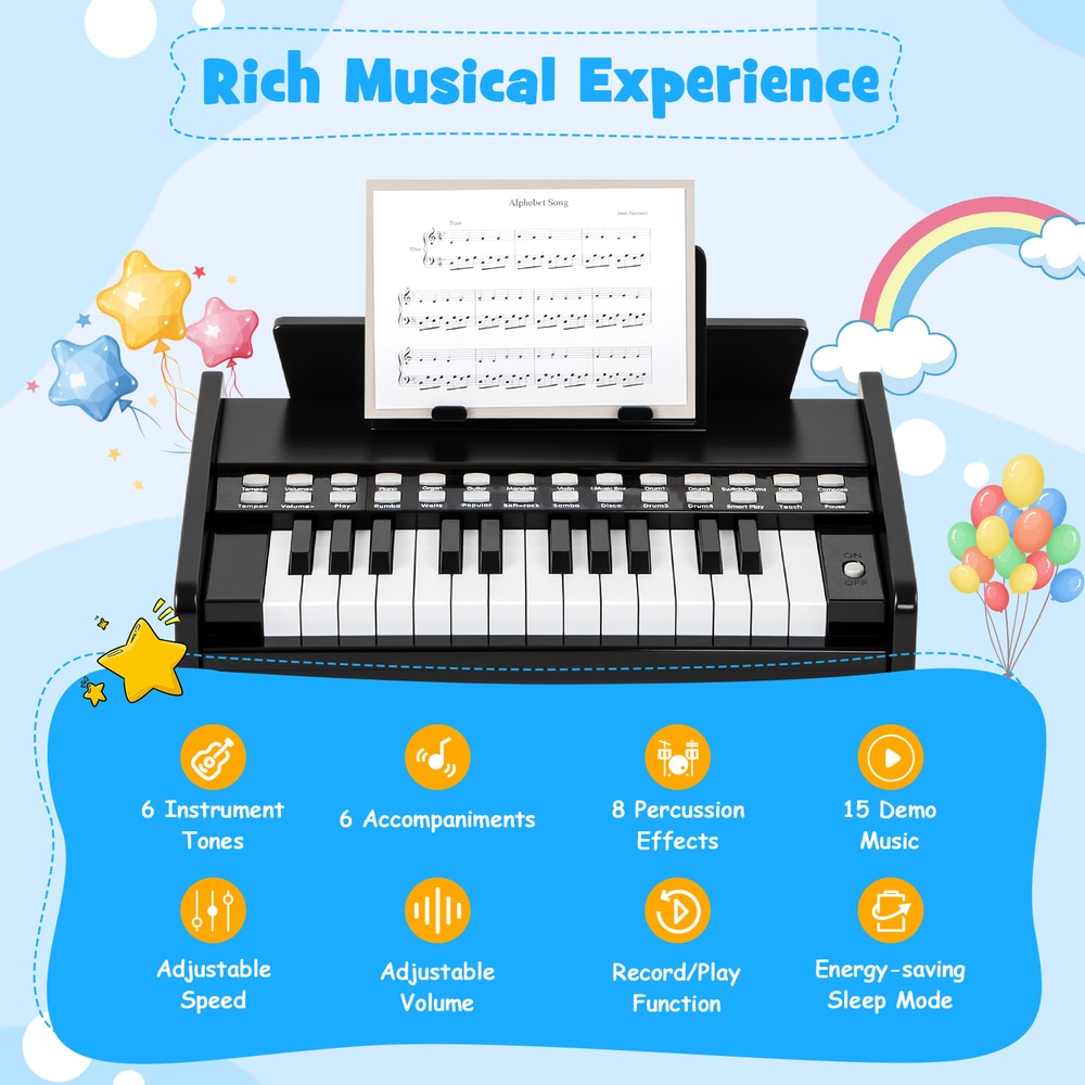 Black wooden kids piano keyboard with musical features listed