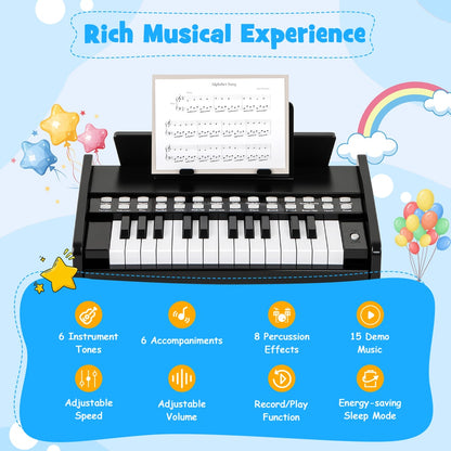 Black wooden kids piano keyboard with musical features listed