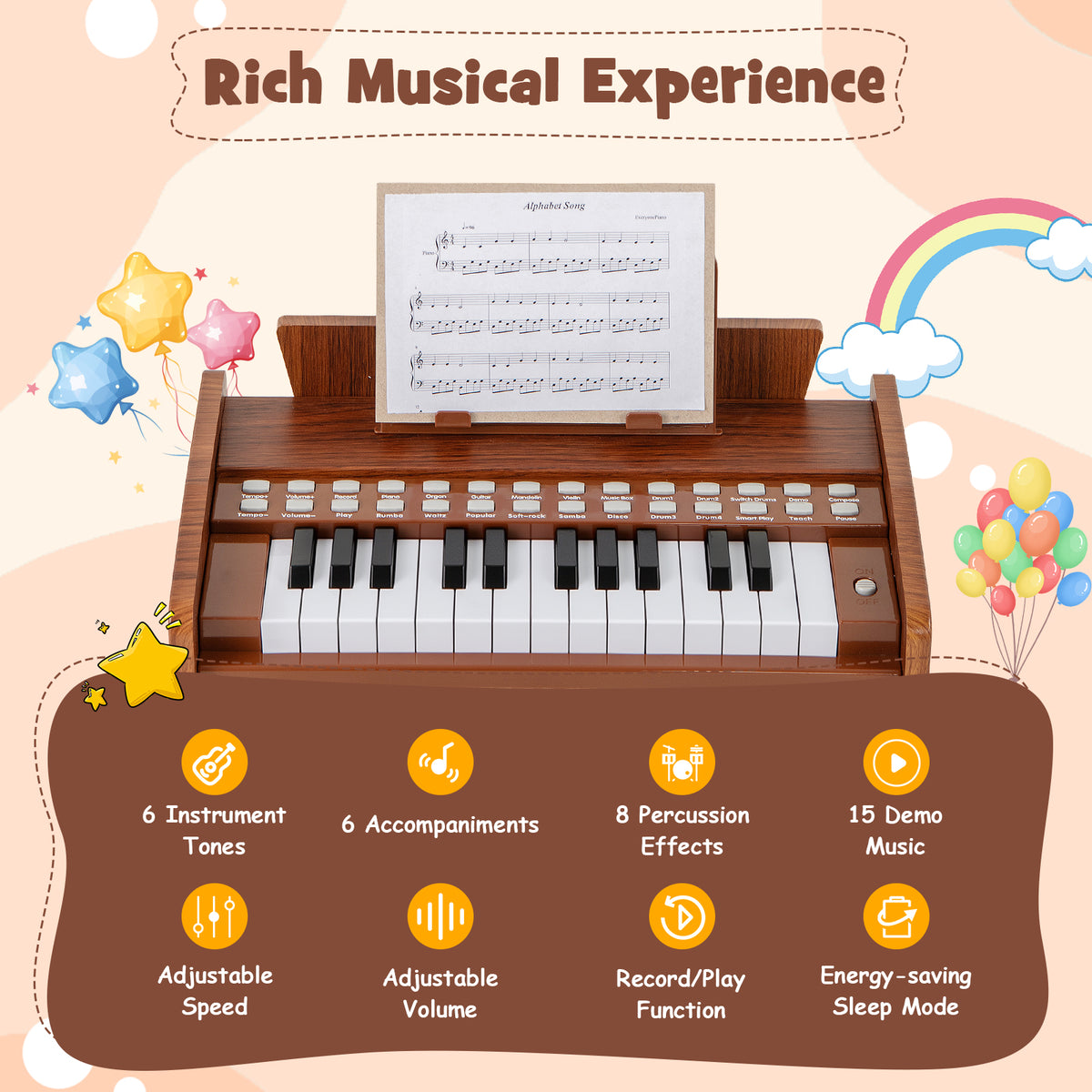 The wooden toy keyboard featuring a list of musical functions and settings in a graphic layout