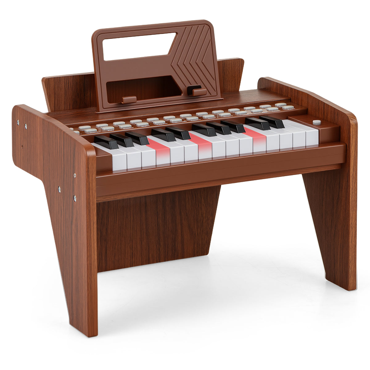 25 Lighted Keys Kids Piano Keyboard Mini Digital Piano Wooden Toy with a music stand on a white background