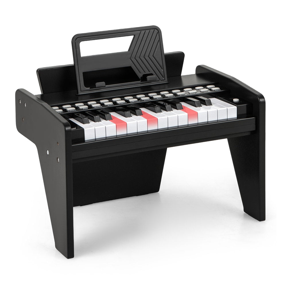 25 Lighted Keys Kids Piano Keyboard Mini Digital Piano Wooden Toy in black, with a music stand