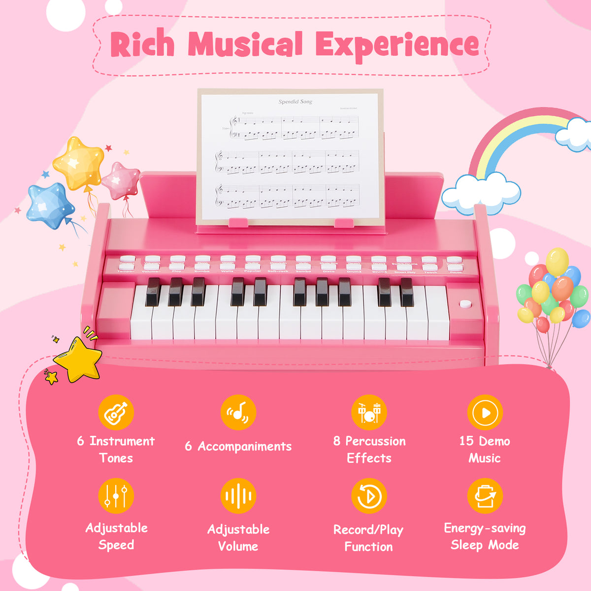 Pink wooden toy piano with musical features highlighted