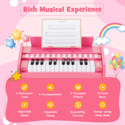 Pink wooden toy piano with musical features highlighted