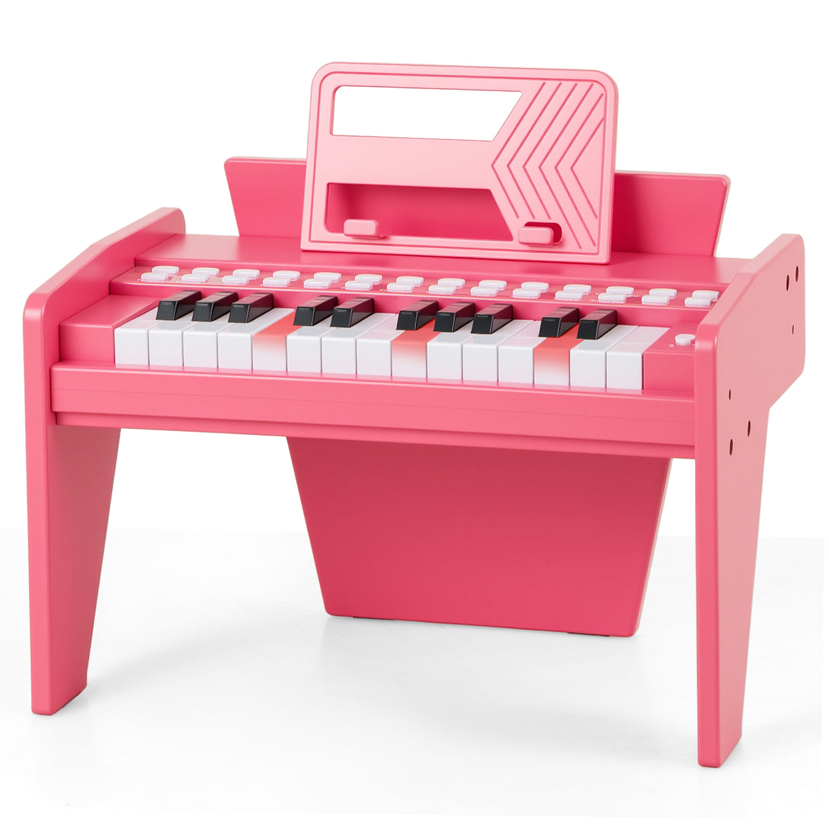 Side view of the pink wooden toy piano