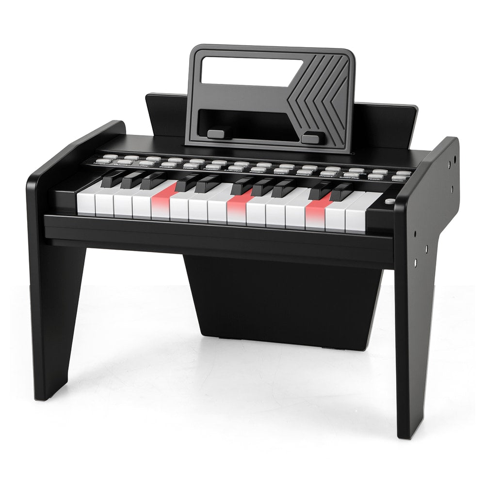 Black wooden kids digital piano with lighted keys and a music stand