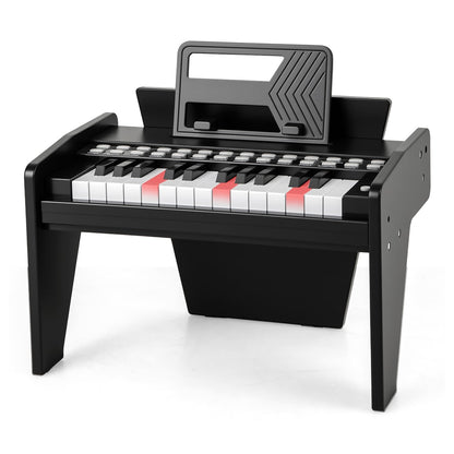 Black wooden kids digital piano with lighted keys and a music stand