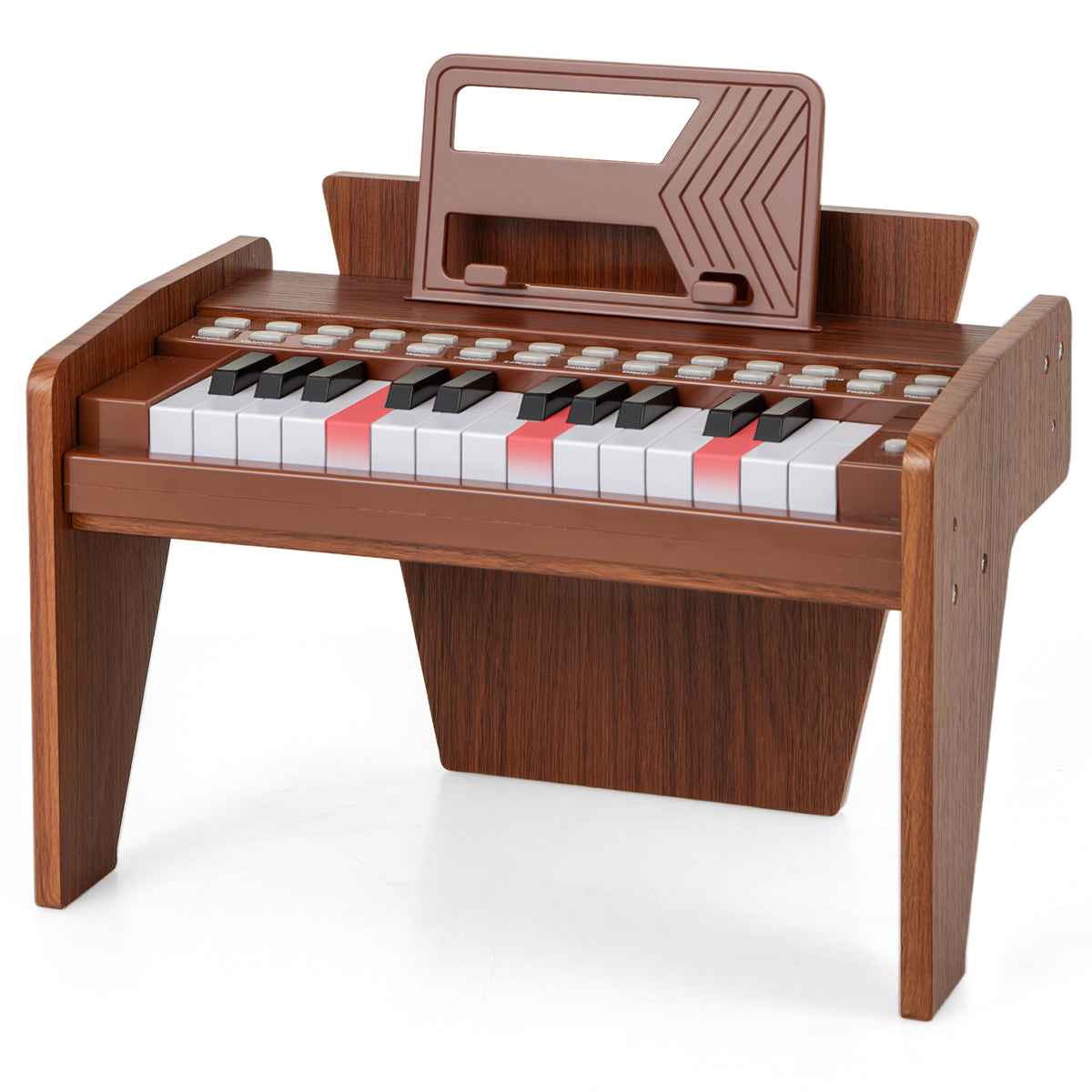 The kids piano keyboard showing the white and black keys with some illuminated in red