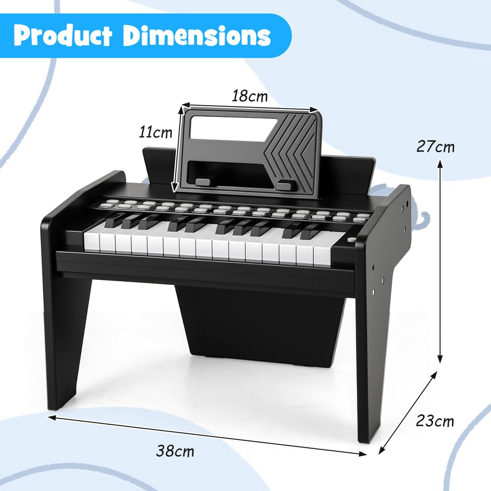 Black wooden kids piano keyboard with dimensions shown