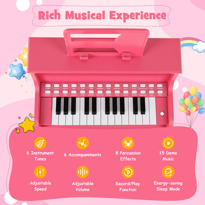 The pink kids piano keyboard with stool showing musical experience features like adjustable speed and demo music