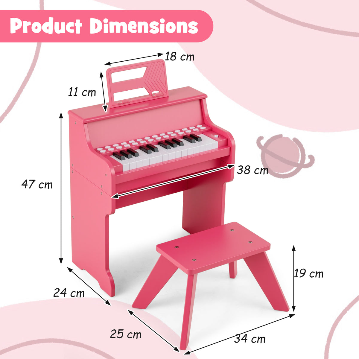 Dimensions diagram for the pink kids piano keyboard and stool