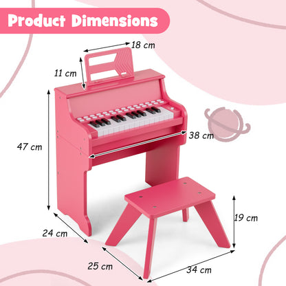 Dimensions diagram for the pink kids piano keyboard and stool
