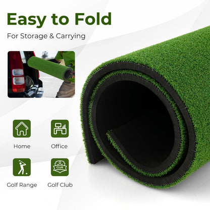 The golf hitting mat being folded for storage and transport