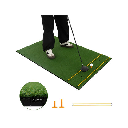25 mm Golf Hitting Mat Includes 2 Rubber Tees and 2 Alignment Sticks with a person practicing their swing