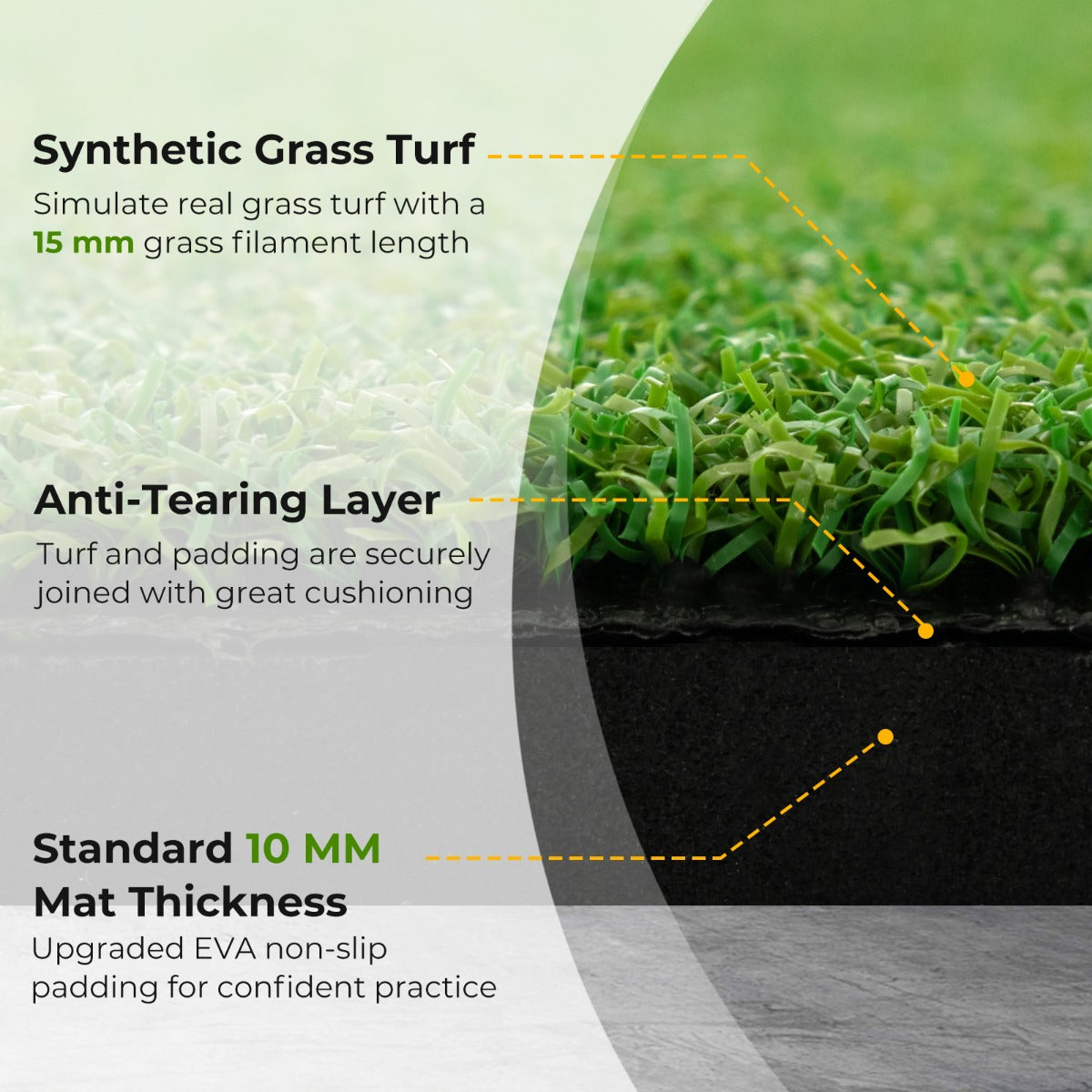 Close up of the golf hitting mat showing the synthetic grass turf and anti-tearing layer