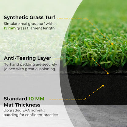 Close up of the golf hitting mat showing the synthetic grass turf and anti-tearing layer