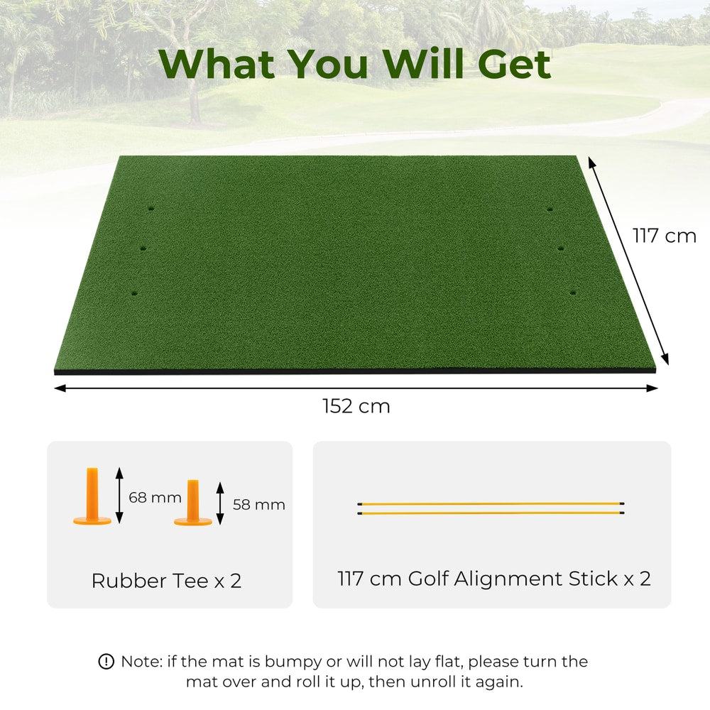 Golf hitting mat with dimensions and included accessories: two rubber tees and two alignment sticks