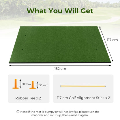 Golf hitting mat with dimensions and included accessories: two rubber tees and two alignment sticks