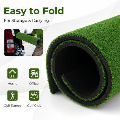 Golf hitting mat being folded for storage and showing different use locations