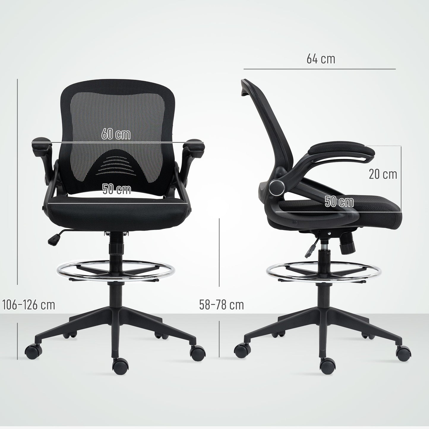 Vinsetto Drafting Chair with Flip-up Armrest, Mesh Office Stool with Foot Ring, 360 Degree Swivel Height Adjustable Chair for Standing Desk, Black