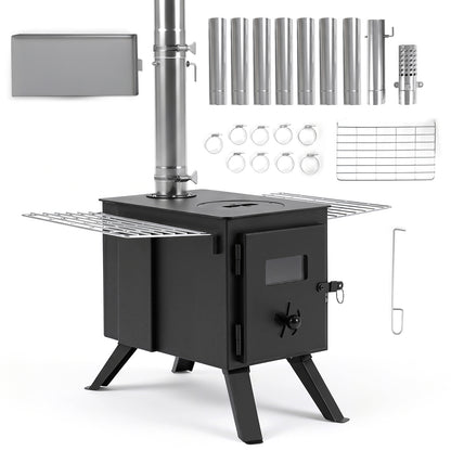 257 cm Wood Burning Stove with 8 Chimney Pipes and Spark Arrestor-Black