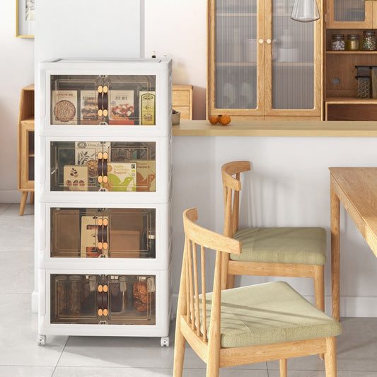 The four-tier storage cabinet in a kitchen setting next to a wooden table and chairs