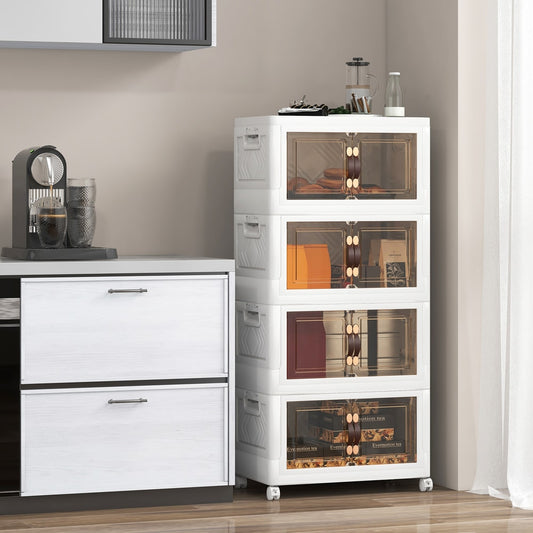 The four-tier storage cabinet shown in a kitchen setting next to a counter