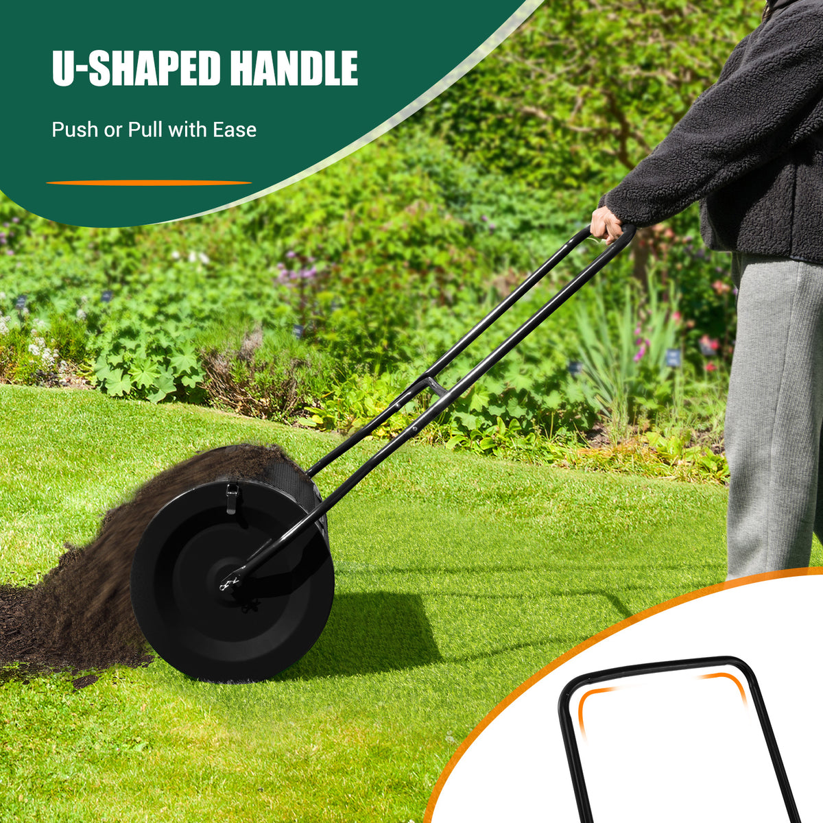 Close-up of the U-shaped handle on the lawn care tool being used to spread soil on grass