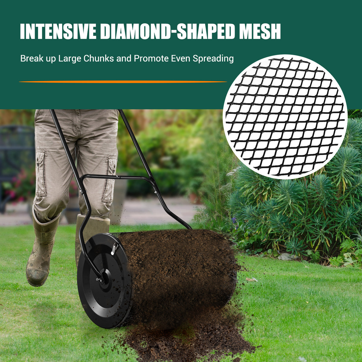 The lawn care tool rolling over soil with a magnified view of the diamond-shaped mesh drum