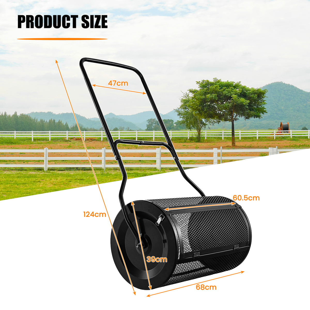 The black lawn spreader shown with orange lines indicating its overall dimensions on a green field