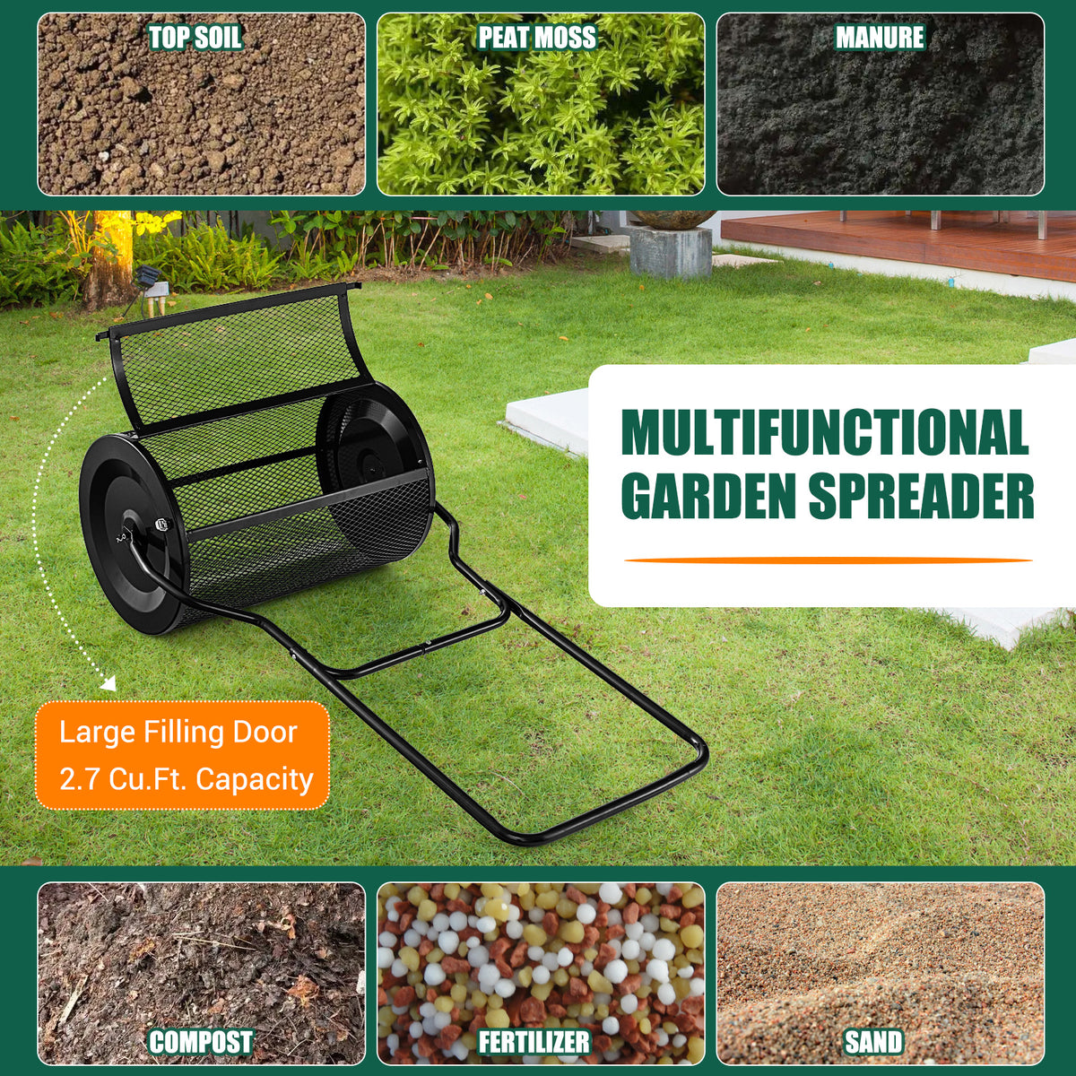 The black lawn spreader on a lawn with small boxes showing various types of soil and fertiliser