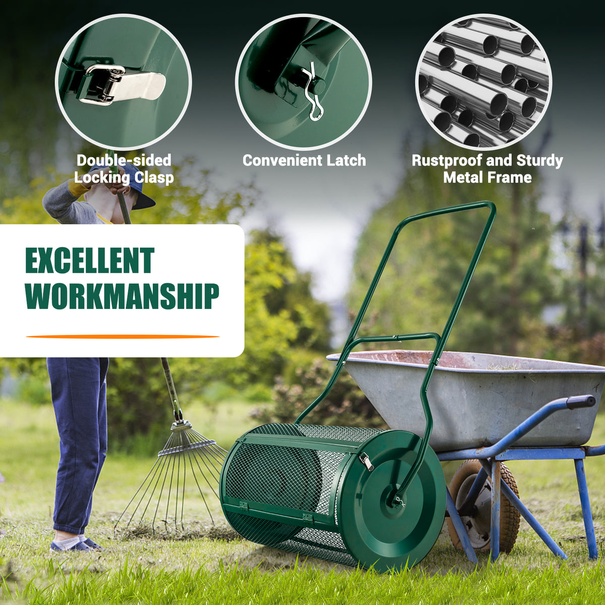 27 Inch Compost Spreader with Upgrade U-shaped Handle in Green