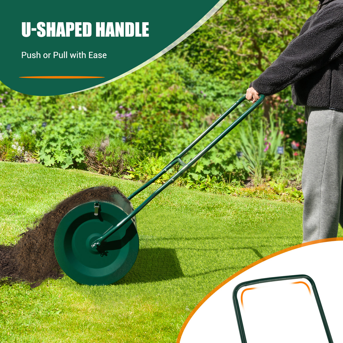27 Inch Compost Spreader with Upgrade U-shaped Handle, the lawn care tool being pushed across a green lawn to spread soil