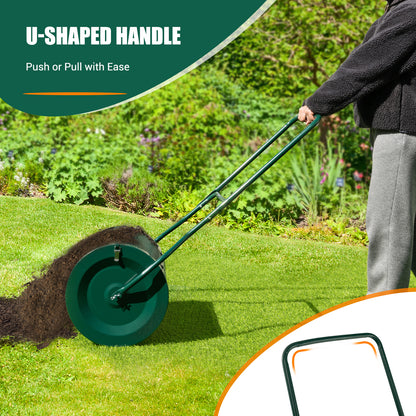 27 Inch Compost Spreader with Upgrade U-shaped Handle, the lawn care tool being pushed across a green lawn to spread soil