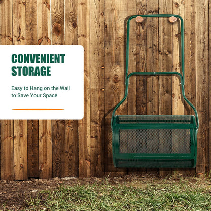 27 Inch Compost Spreader with Upgrade U-shaped Handle, the lawn care tool hanging on a wooden fence for convenient storage