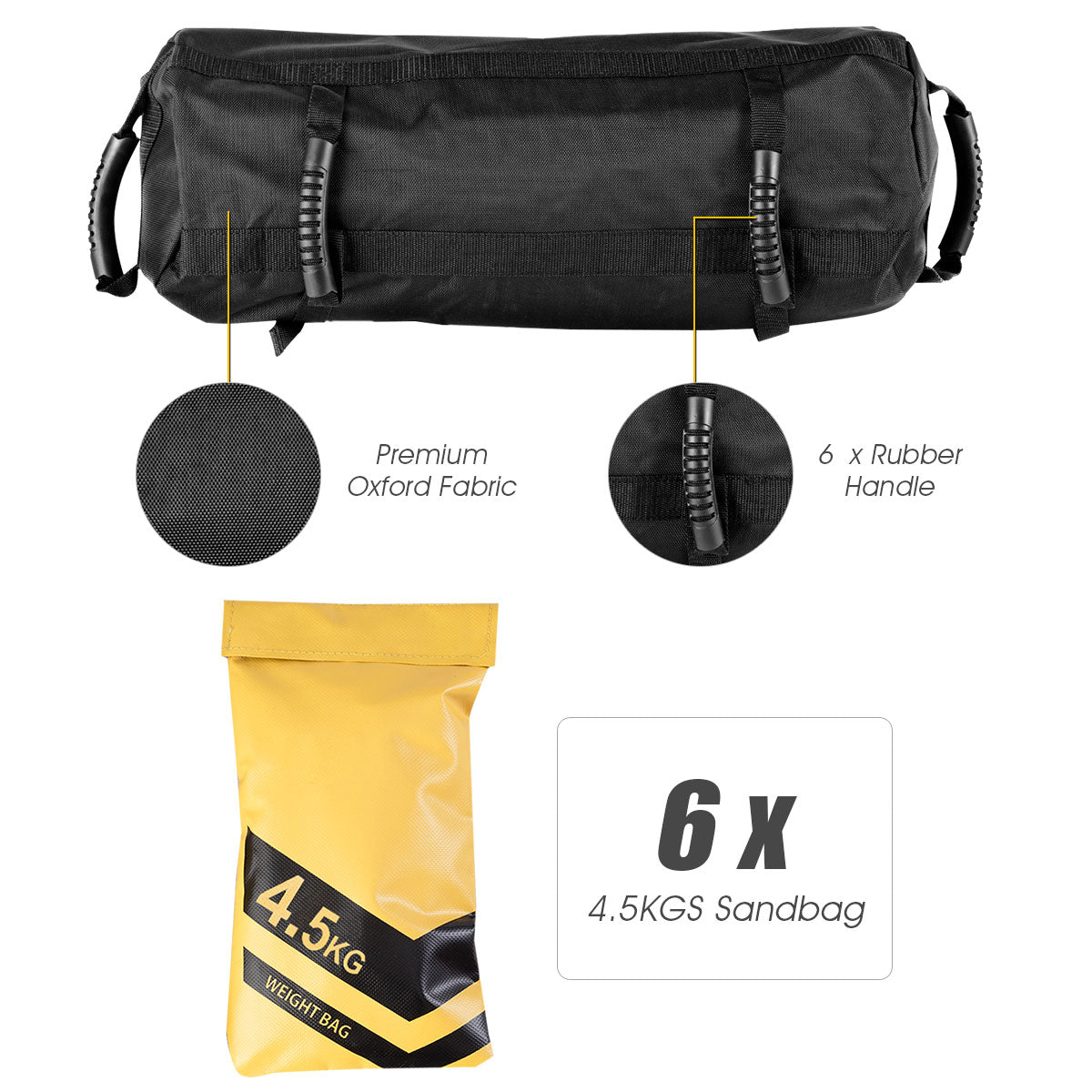 The training sandbag and a filler bag with callouts highlighting the fabric and handles