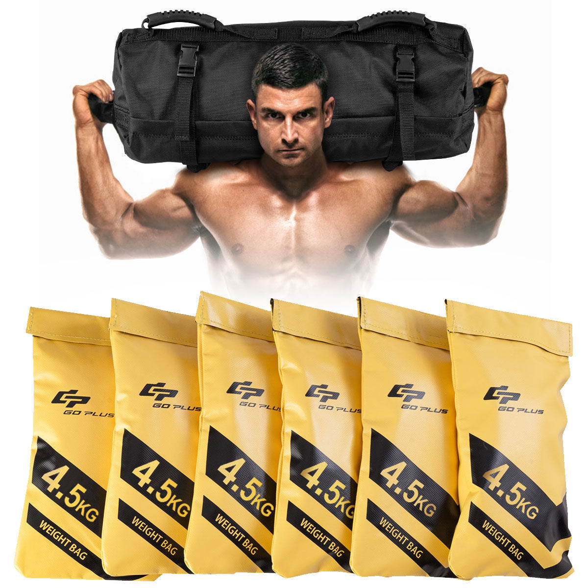 The black training sandbag displayed with six yellow filler bags in a row