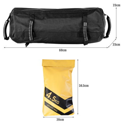 The training sandbag and one filler bag shown with dimension lines and labels