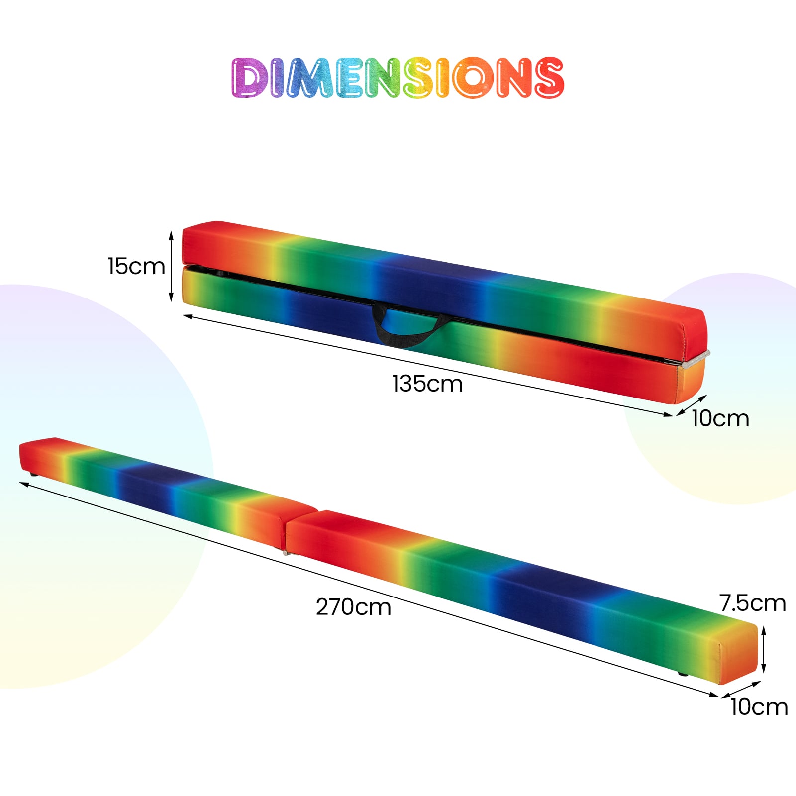 270CM Folding Balance Beam with Solid Wood Base and Anti-slip Bottom-Rainbow