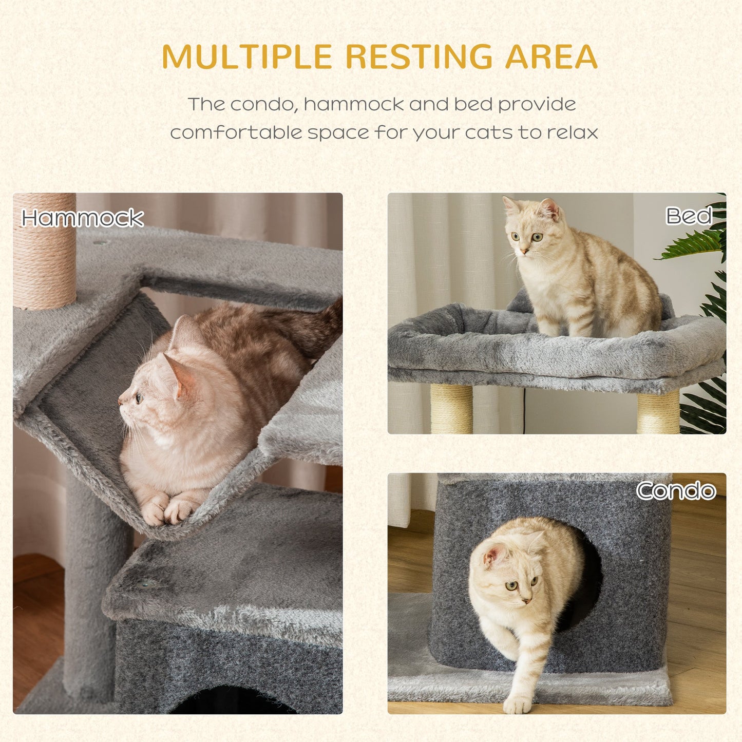 PawHut Cat Tree, 90cm Cat Tower with Sisal Scratching Posts, Cat Condo, Hammock, Top Perch and 2 Hanging Toys for Cats, Grey