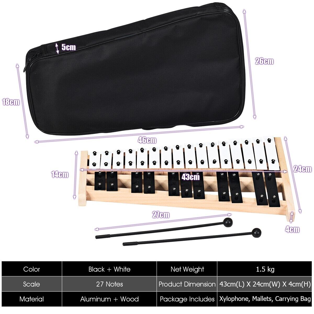 27 Notes Full Size Glockenspiel Xylophone with Carrying Bag [Best Seller in the US]