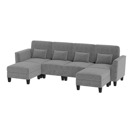 280 cm U-Shaped Sectional Sofa with 2 Ottomans & USB Charging Ports-Grey