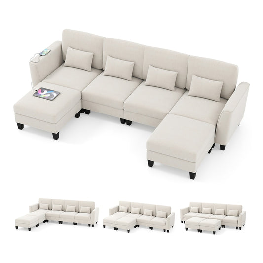280 cm U-Shaped Sectional Sofa with 2 ottomans and USB charging ports in white