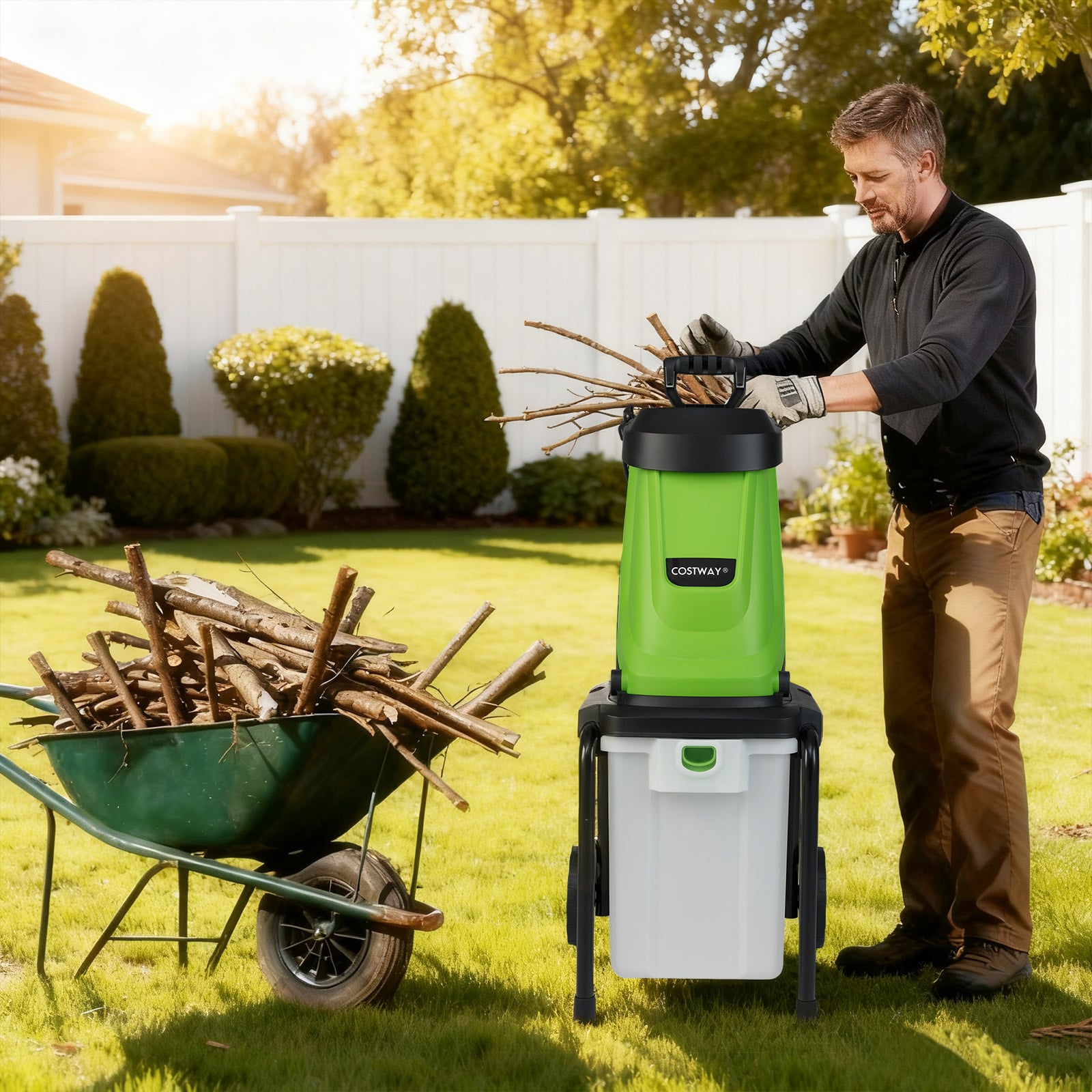 2800 W Electric Wood Chipper with 50 L Collection Bin and Wheels-Green