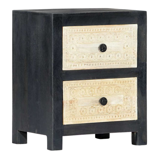 Hand Carved Bedside Cabinet Grey Solid Mango Wood with two drawers and carved detailing