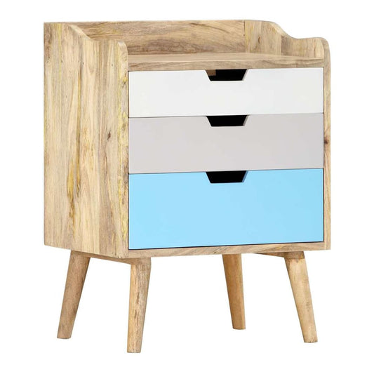 Bedside cabinet with three drawers, two white and one light blue