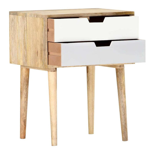 The bedside table with both drawers pulled out to show the storage space