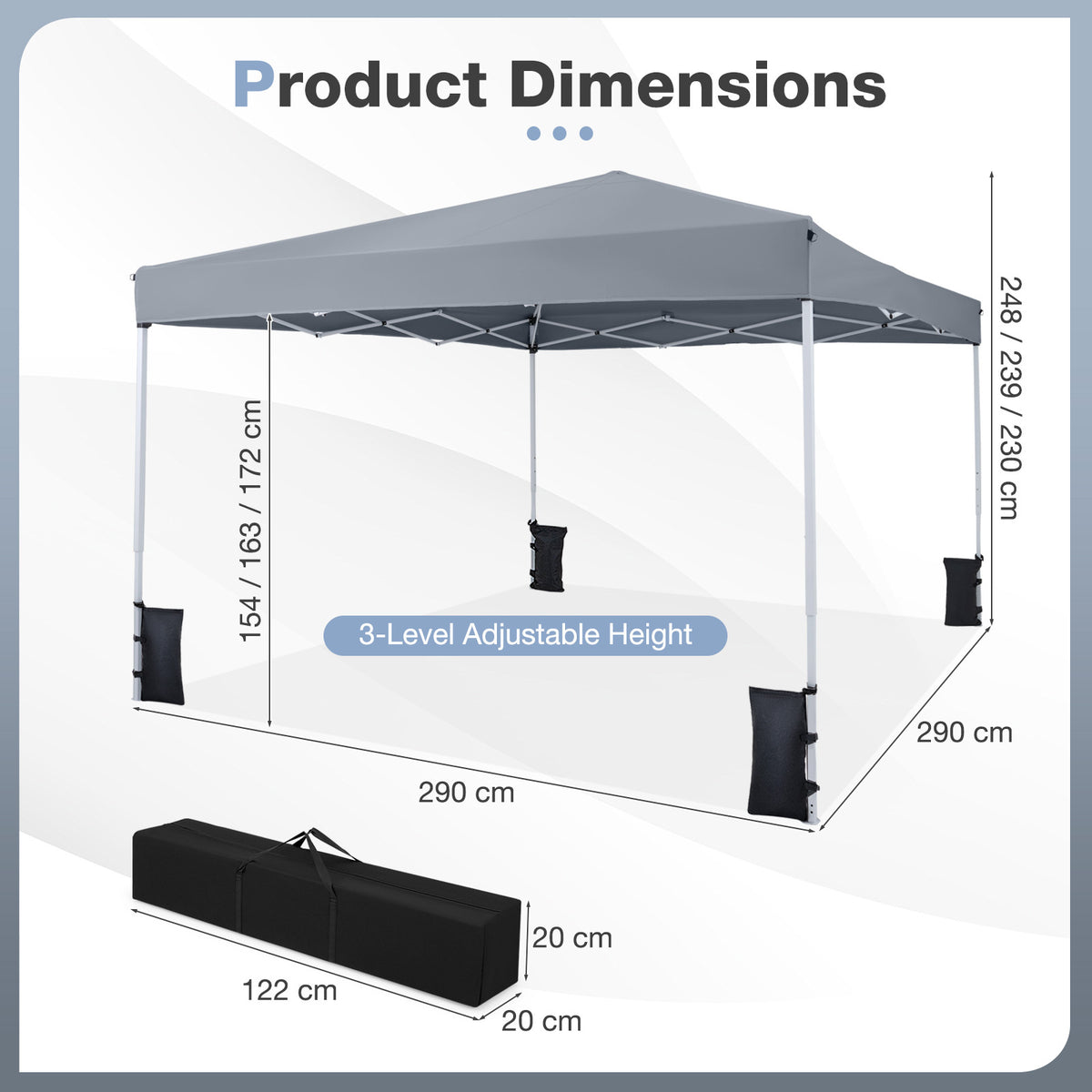290 x 290 cm Pop up Canopy Tent with Carrying Bag and 4 Sandbags-Grey